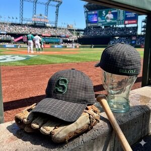 1990's Seattle Baseball Cap Black Grey Grid Pattern Green Embroidered S Hat Mens